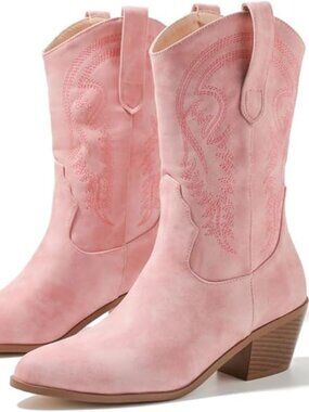 Women's 058 Pink Synthetic Boots for Women Stacked Heel Wide Calf Cowgirl Boots